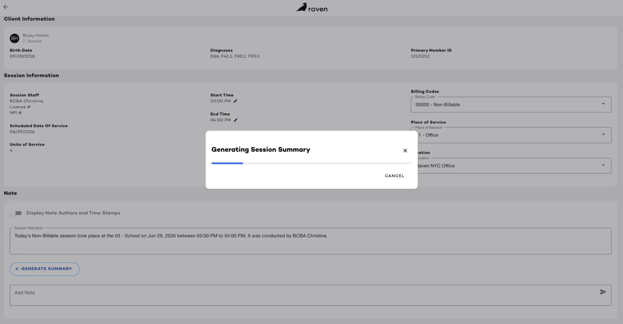 Raven generating an AI session summary from a completed ABA session