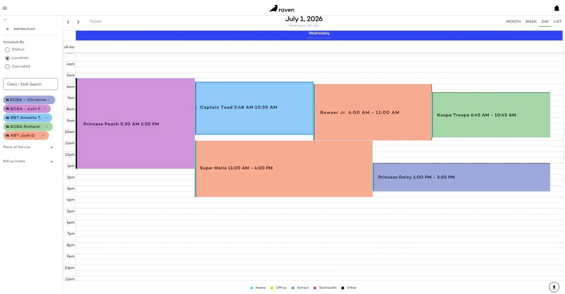 Raven Health color-coded calendar day view