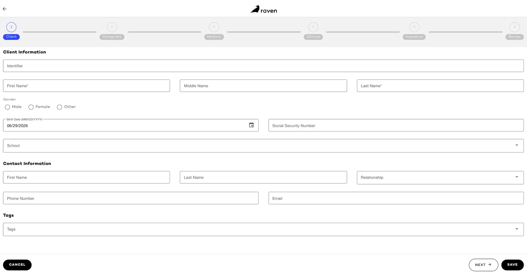 Raven Health's guided client intake form, step one of six