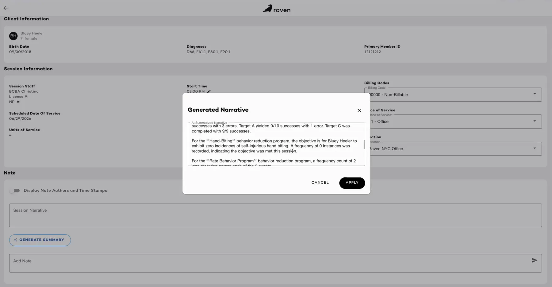 Raven generating a clinical session summary in real time