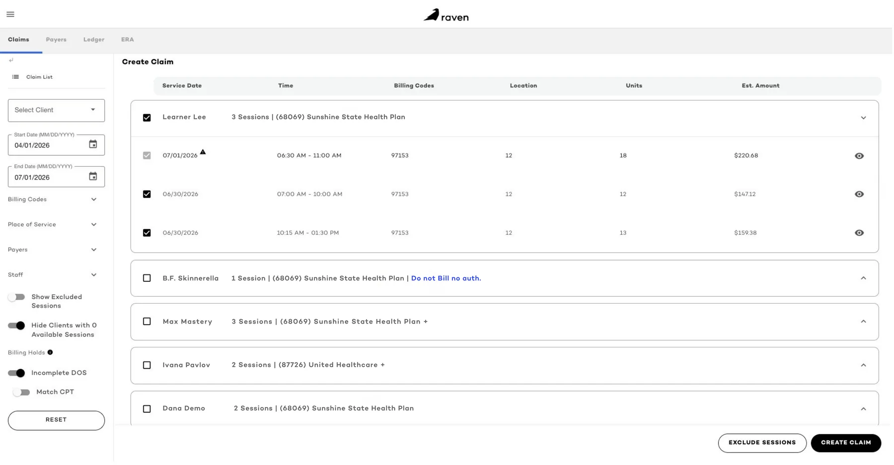 Raven Health create claim view: sessions grouped by client and payer