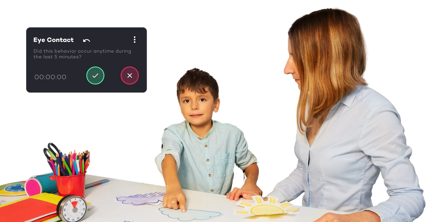A clinician recording an eye-contact behavior in Raven Health during a session with a young learner