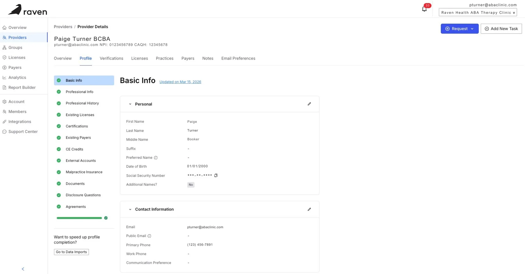 Raven Health platform: provider profile with credentialing checklist and status