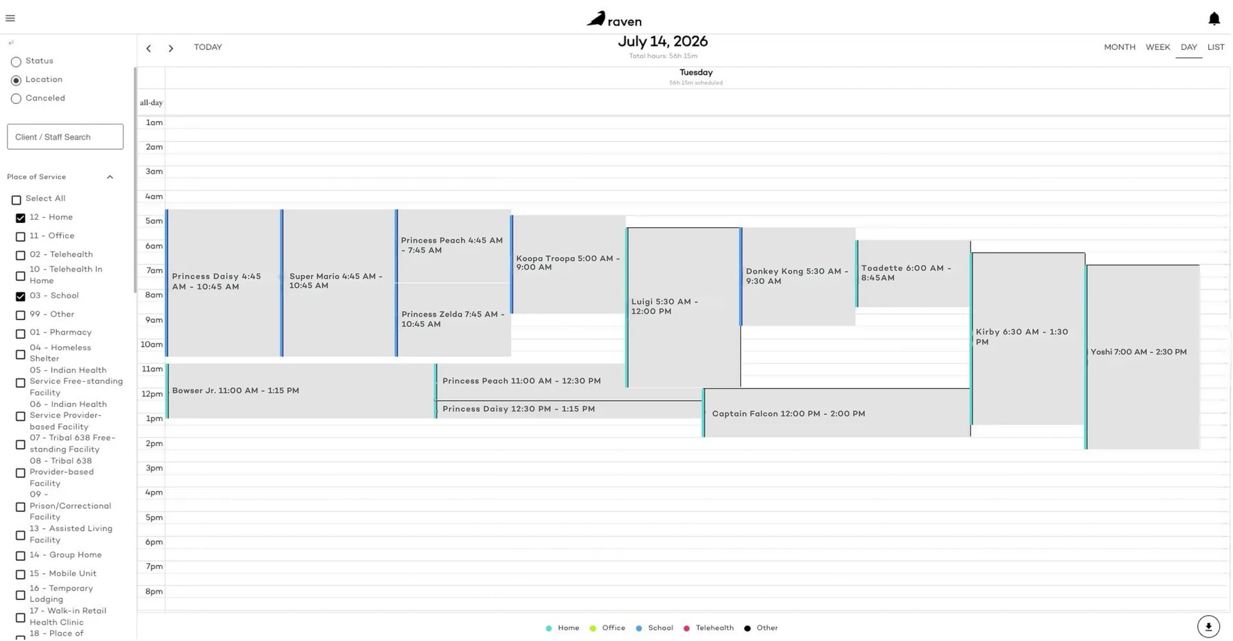 Raven Health scheduling dashboard