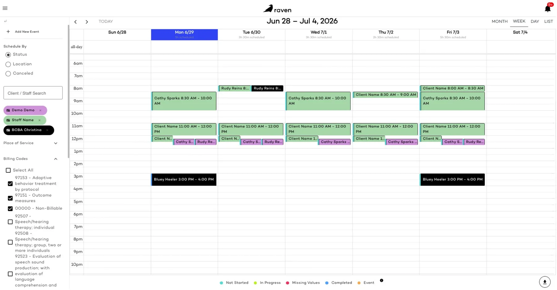 Raven app scheduling calendar view