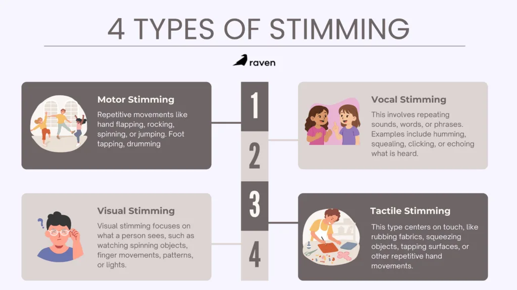 The 4 types of stimming, motor,vocal,visual and tactile stimming