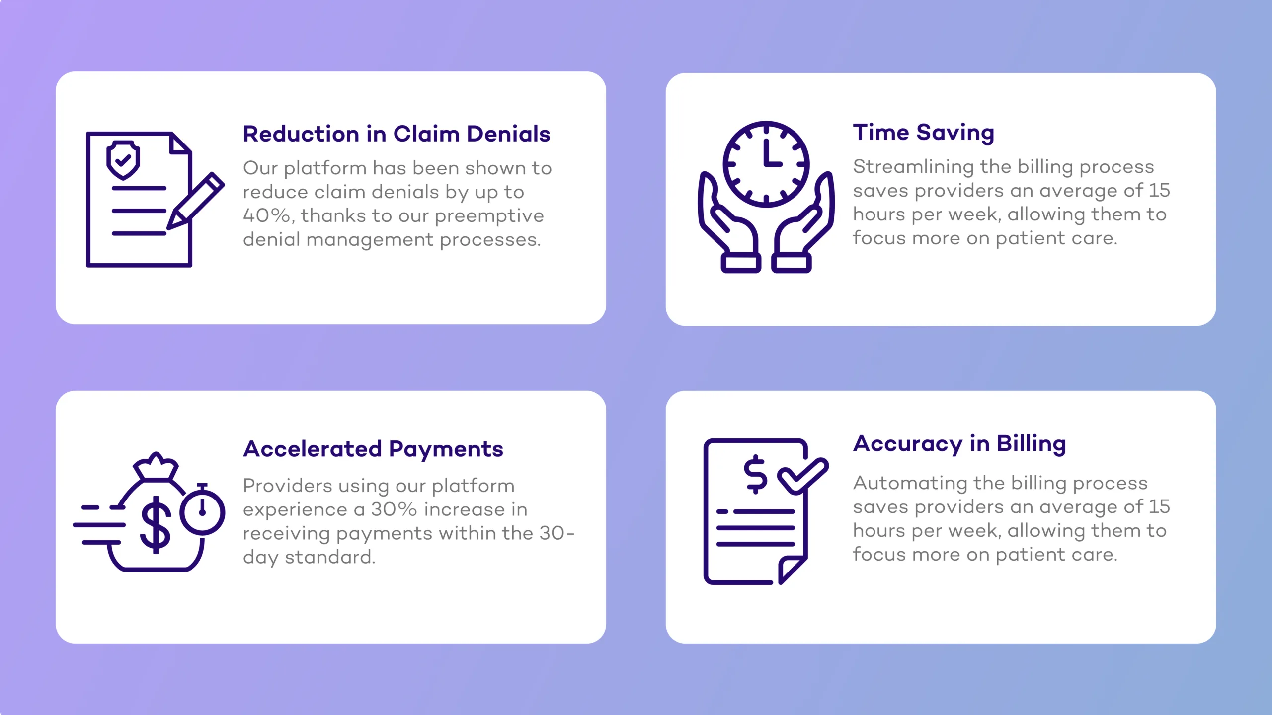 Image showing how ABA billing software helps in providing accurate and accelerated payments, reduces claim denials, and saves time.
